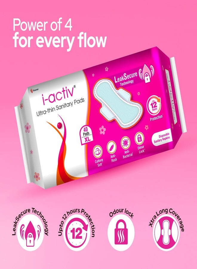 i-activ فوط صحية رقيقة للغاية للنساء من آي أكتيف، مقاس XL | 40 فوطة | فوط صحية قطنية ناعمة مضادة للطفح الجلدي والبكتيريا | خالية من المواد الضارة | حماية من التسرب تصل إلى 12 ساعة في حالة التدفق الغزير | أجنحة ناعمة طاردة للماء - Image 5